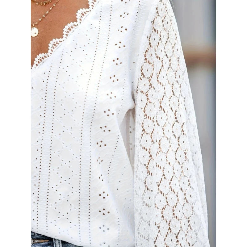 Spring Autumn Fashion Women Lace Blouse New V Neck Loose Long Sleeve Shirt Hollow Crochet Casual Simple Blusas Mujer Elegant Top