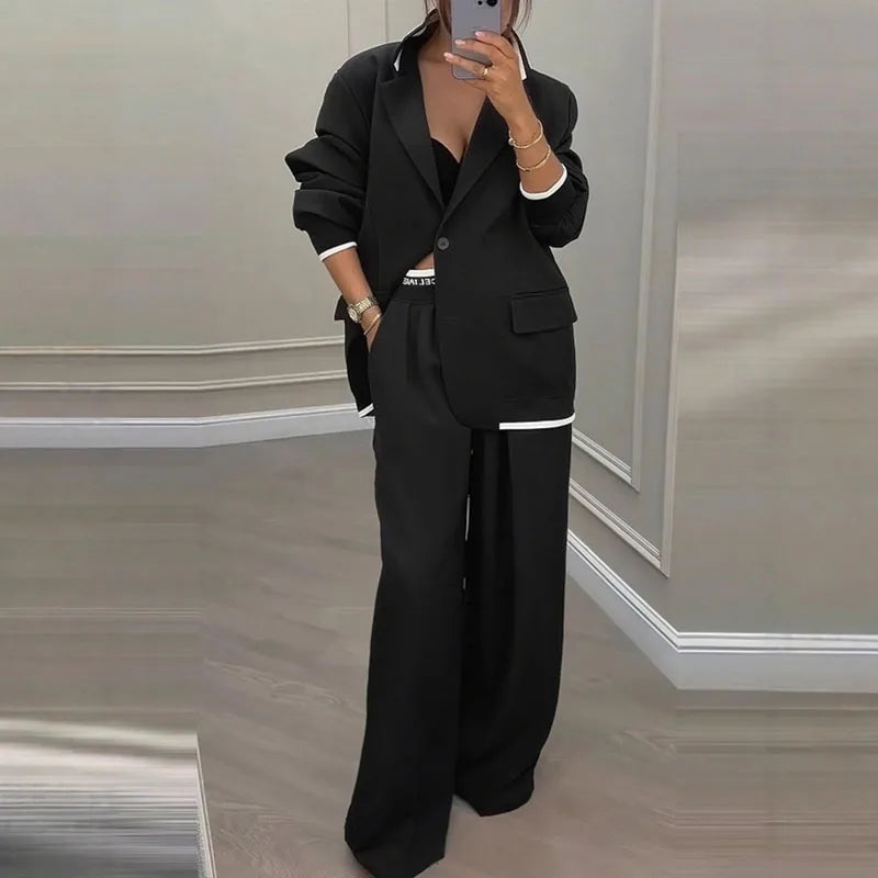 Autumn Casual Women's Suit Set Sexy Turn-down Collar Button Blazer & Straight-leg Pants Set Winter Solid Long Sleeve Chic Outfit