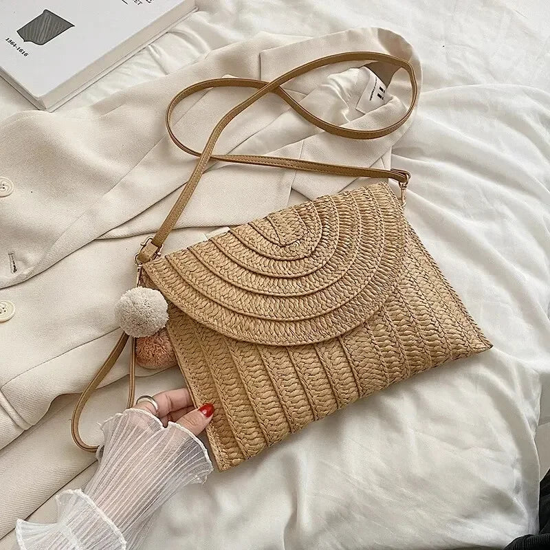 Handmade Straw Beach Shoulder Crossbody Bag Girls Envelope Woven Summer Small Hair Ball Cluth