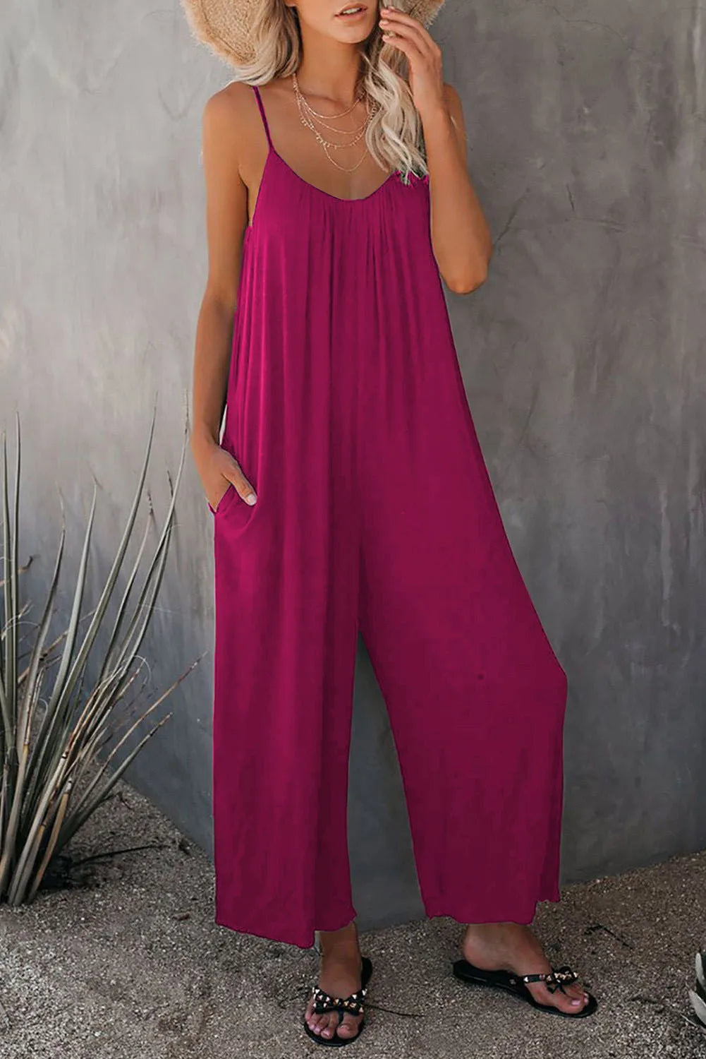 Mono de camisola para mujer, peto holgado informal con bolsillo de Color liso, rojo sin mangas, Sexy, versátil, novedad de verano 2024