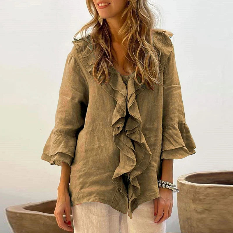 Vintage Casual Solid Ruffle Shirts & Blouses Women Spring Elegant V Neck Button Office Top Autumn 3/4 Flying Sleeve Loose Blusas