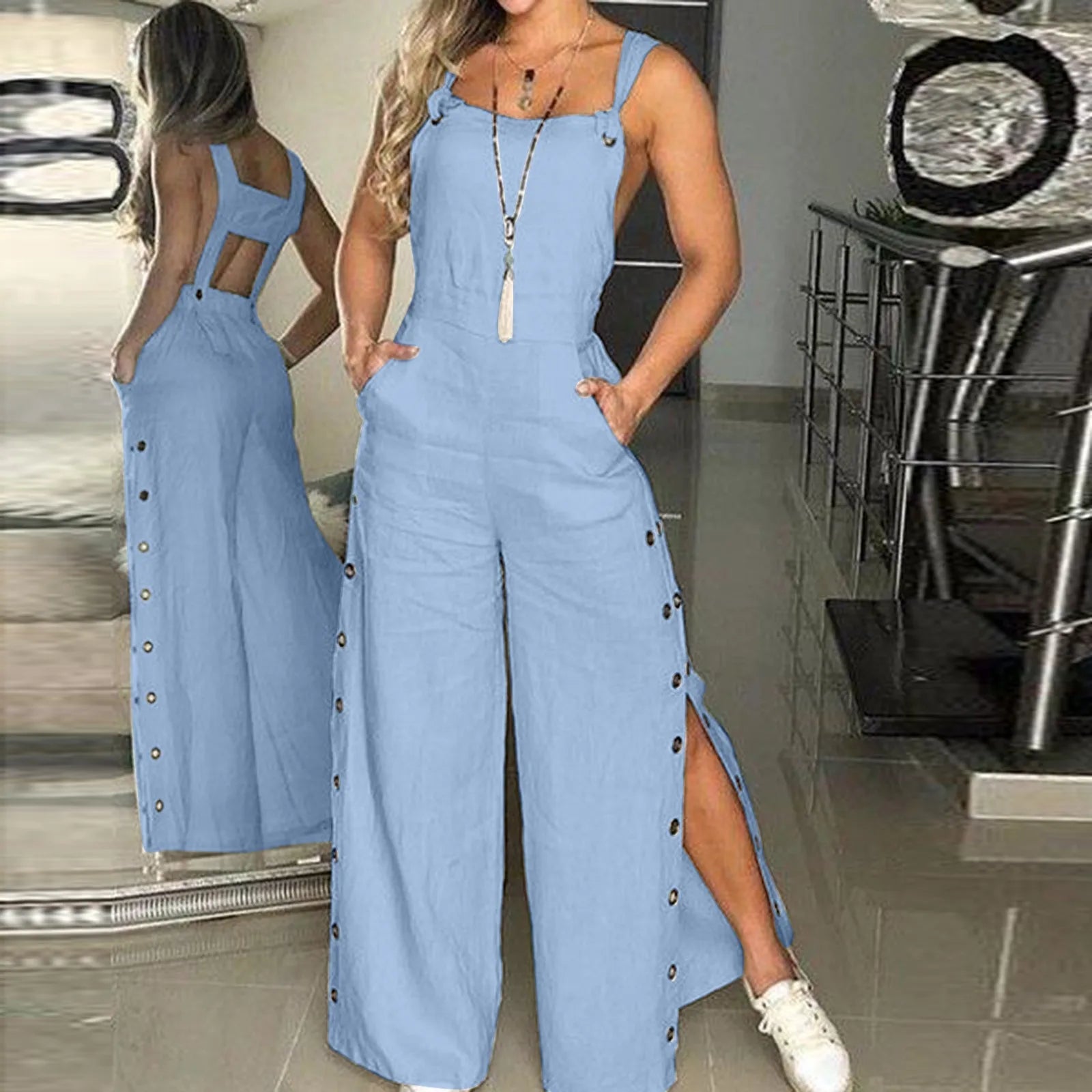 Monos de lino y algodón sin mangas para mujer, monos con apertura de botones laterales y tiras, pantalones largos sueltos de pierna ancha, monos femeninos de verano