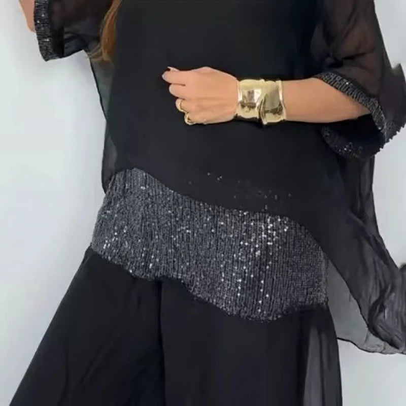 Spring Splicing Sequin Chiffon Set Women Casual Round Neck Top Pullover & Wide Leg Pants Suit Summer Batwing Sleeve Loose Outfit