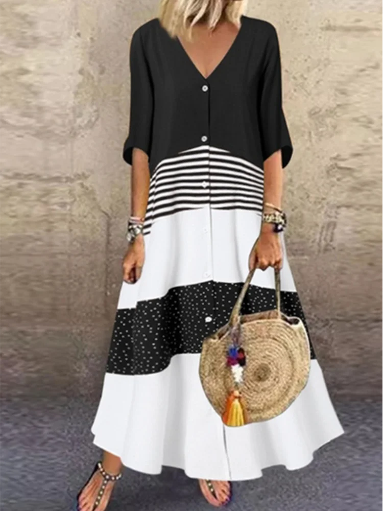Color Blocked Printed Short Sleeved V-neck Button Up Women's Dress Street Versatile Artistic Retro Style Summer Dress