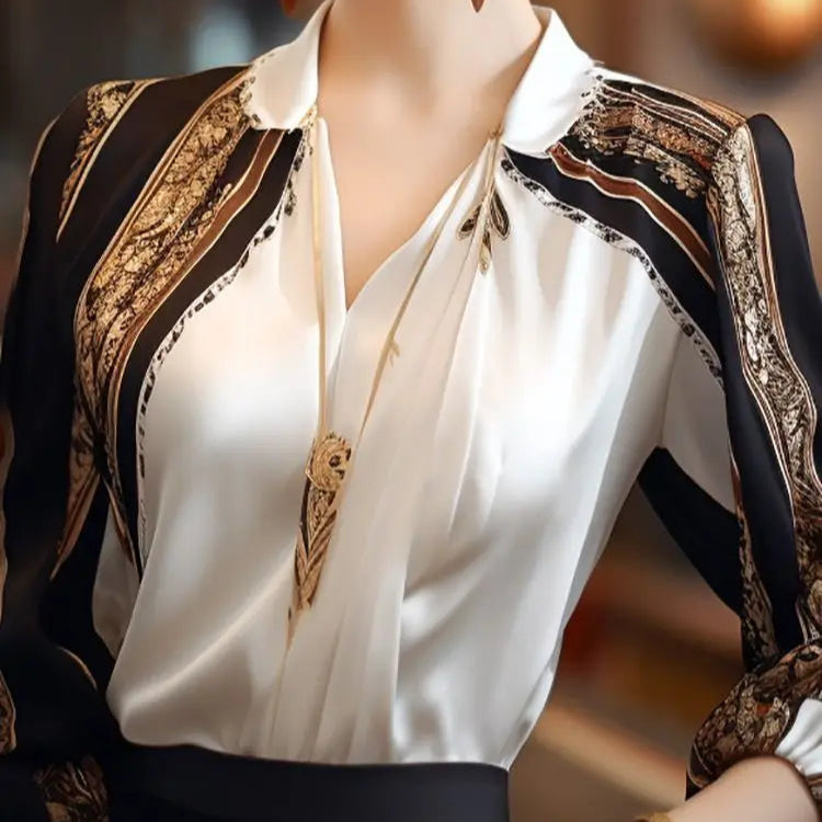 2024 Spring Autumn New Women's Elegant Simplicity Appear Thin Versatile Long Sleeve Printed V-Neck Patchwork Chiffon Tops