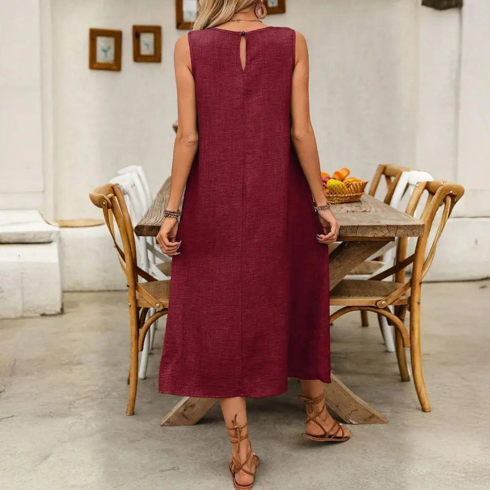 Women Fashion Solid Color Crew Neck Sleeveless Long Dress Dress Women's Maxi Dresses with Pockets for Summer Beach Vacation