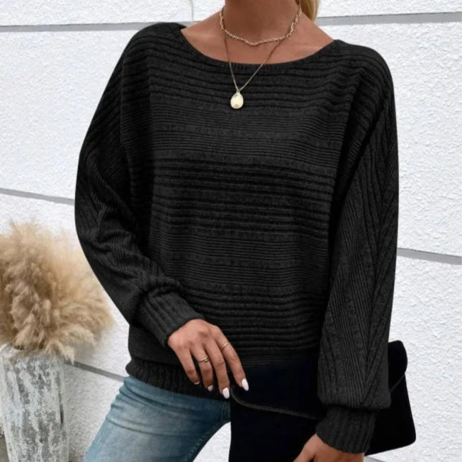 Khaki Casual Ladies T-shirt Round Neck Pullover Long Sleeved Groove Striped Bat Sleeve Splicing Solid Color T-shirt Top New 2025
