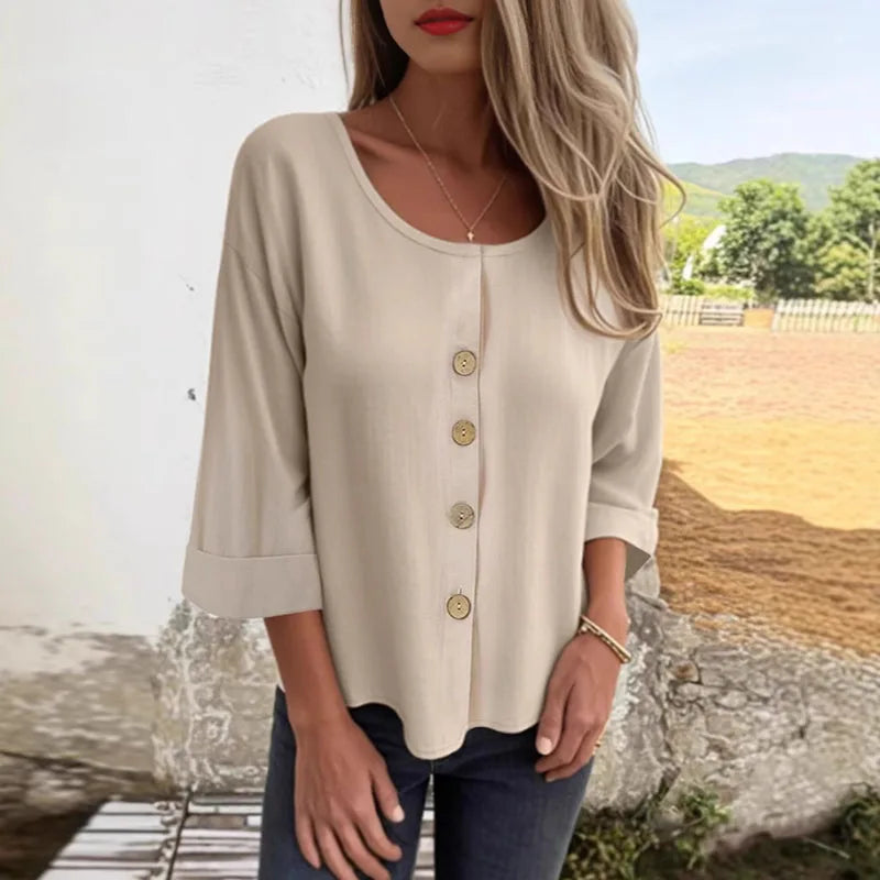 Simple Fashion Solid Cotton Linen Blouse Woman Elegant Crew Neck Button Top Pullover Autumn 3/4 Sleeve Loose Female Shirt Blusas