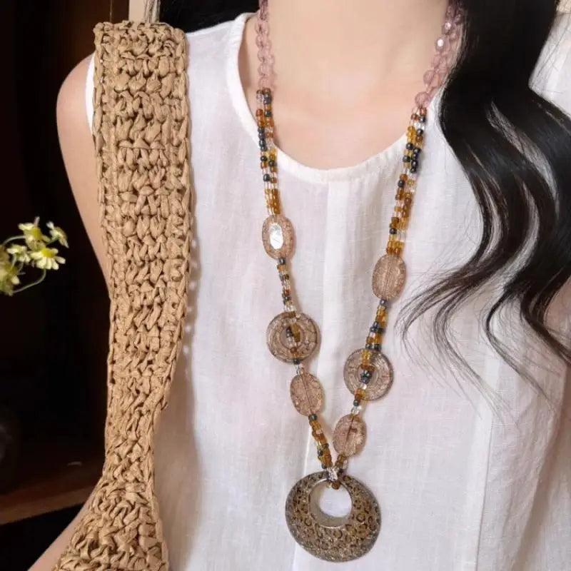 Ethnic Sle Round Resin Leopard Long Sweater Chain Necklace Retro Crystal Pendant Female Jewelry Neck Accessories