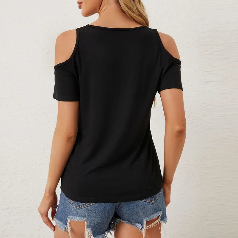 Elegant Off Shoulder Tops Female Sexy V Neck T-Shirts For Women Summer Short Sleeve T Shirts Loose Patchwork Tee
