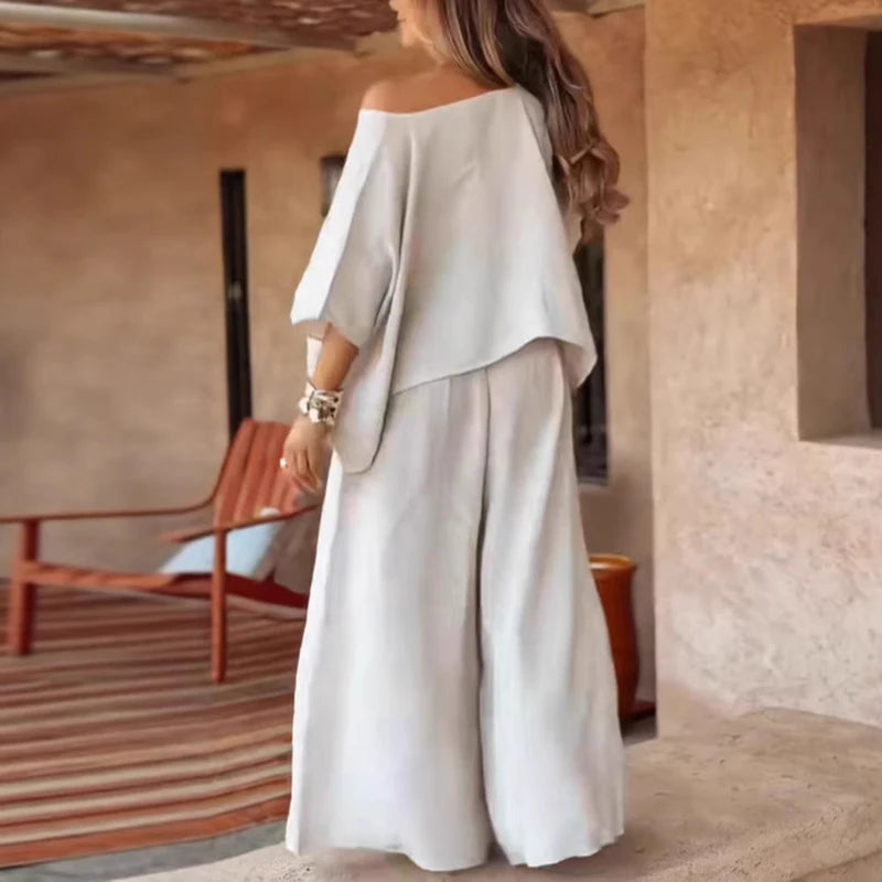 2025 Spring O-Neck Loose Women's Suit Sexy Off Shoulder Top Pullover & Wide Leg Pant Sets Summer Female Two Piece Casual Outfits