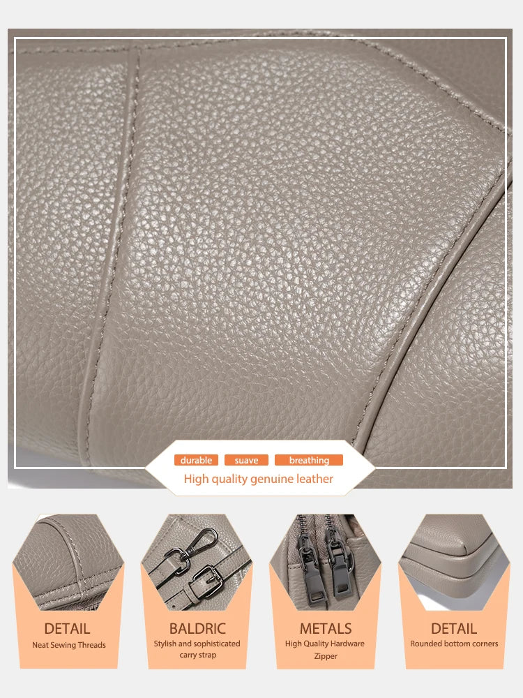Zency Retro Genuine Leather Shell Bag for Women Simple Multi-compartment Shoulder Handbag Satchel Ladies Fashion Crossbody Bag