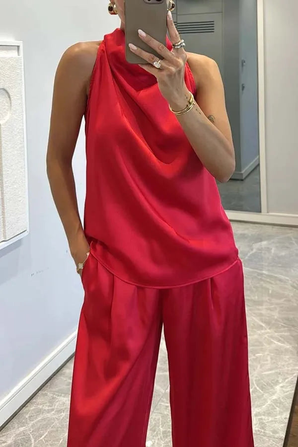 Summer Women Casual Satin Solid Color Commuting Suit Simple Loose Outfit Fashion O-neck Sleeveless Top and Long Pants 2pcs Set