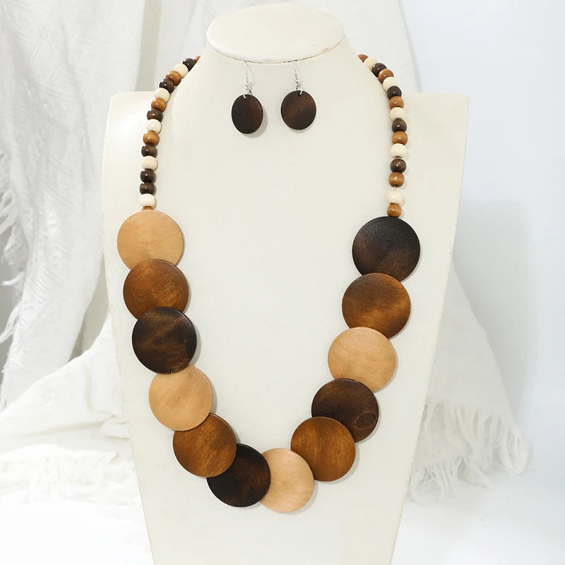 FTCY Bohemian Vintage Wood Necklace for Women Handmade Exaggerated Necklace Earring Jewelry Sets Women's Party Gifts
