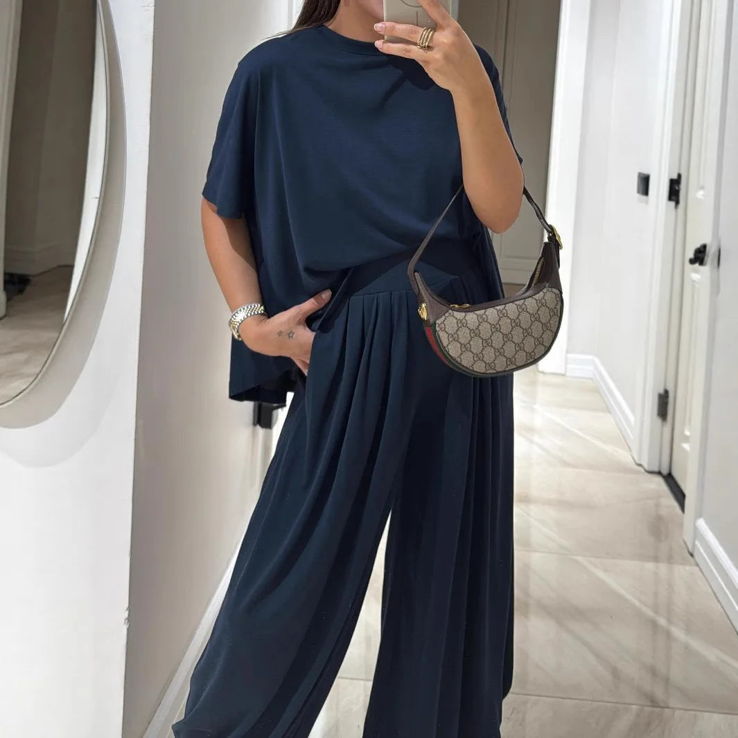 Casual T Shirt Short Sleeved Women's Top 2 Piece Set Summer Elegant Fashion Loose High Waist Wide-leg Trousers Female Pants Sets