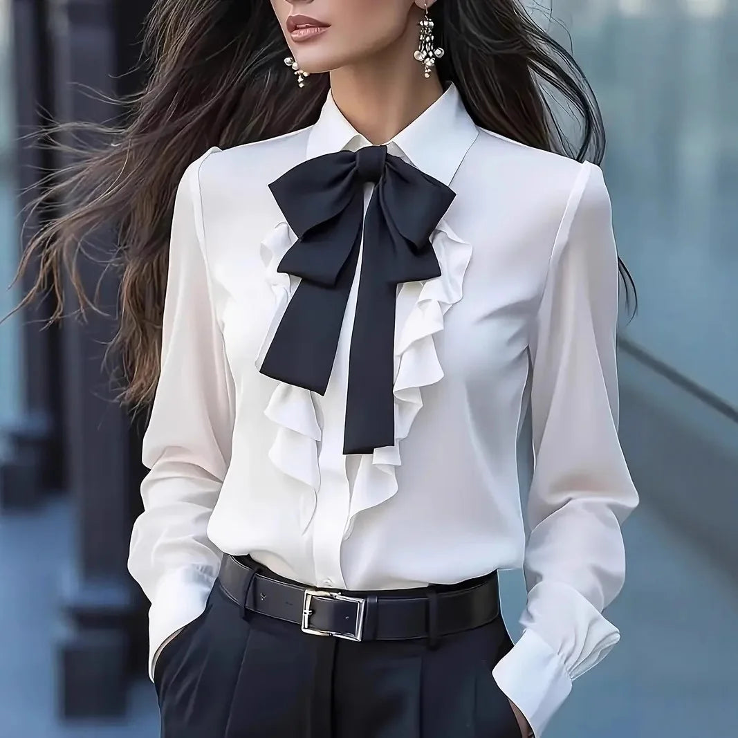 Women Casual Long Sleeve Blouse Elegant Lapel Bow Loose Shirt Spring Autumn Solid Office Lady Tunics Streetwear Oversize Tops