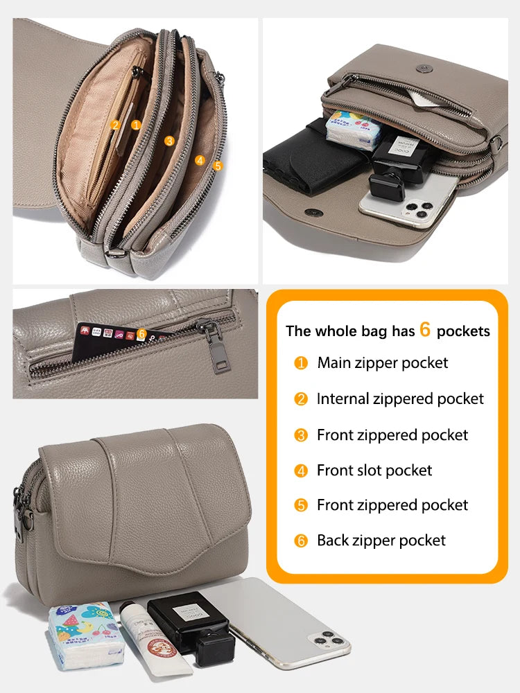 Zency Retro Genuine Leather Shell Bag for Women Simple Multi-compartment Shoulder Handbag Satchel Ladies Fashion Crossbody Bag