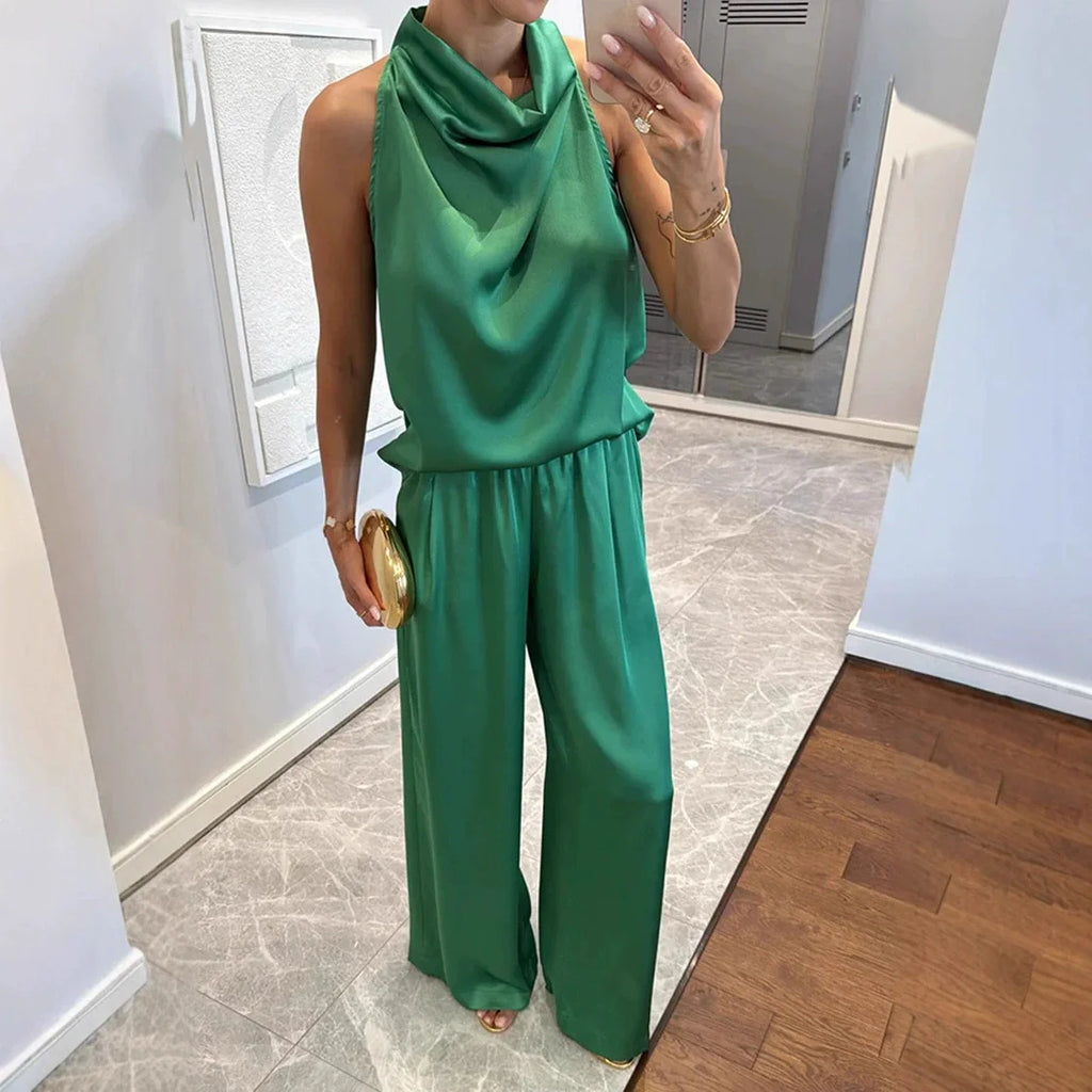 Summer Women Casual Satin Solid Color Commuting Suit Simple Loose Outfit Fashion O-neck Sleeveless Top and Long Pants 2pcs Set