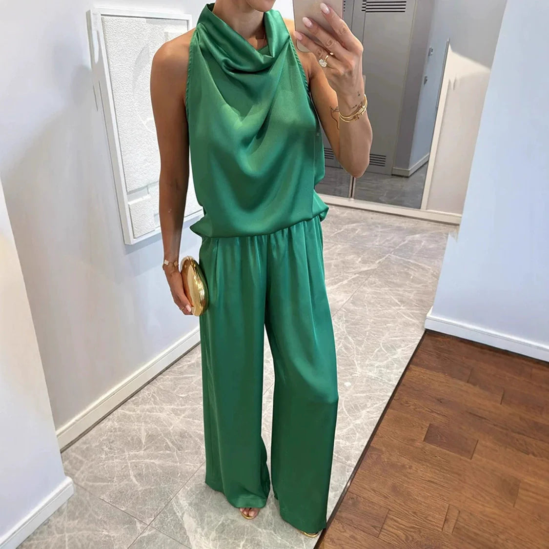 Summer Women Casual Satin Solid Color Commuting Suit Simple Loose Outfit Fashion O-neck Sleeveless Top and Long Pants 2pcs Set