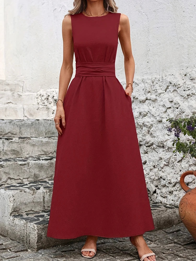Stylish Sleeveless Summer Dress A-line Maxi Long Dresses With Pockets Sashes Solid Elegant Women's Dresses 2025 Woman Clothing