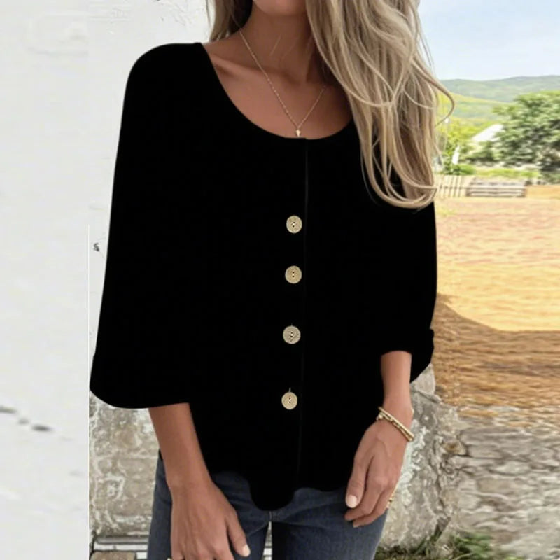 Simple Fashion Solid Cotton Linen Blouse Woman Elegant Crew Neck Button Top Pullover Autumn 3/4 Sleeve Loose Female Shirt Blusas