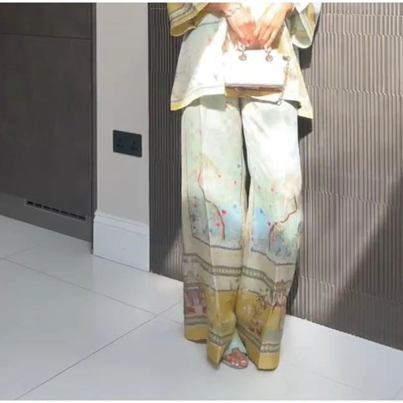 Women's Casual Printed Pants Set 2 Pieces Bohemian V-neck Long Sleeve Shirt Loose Wide Leg Trousers Lady 2025 Autumn Chic Outfit