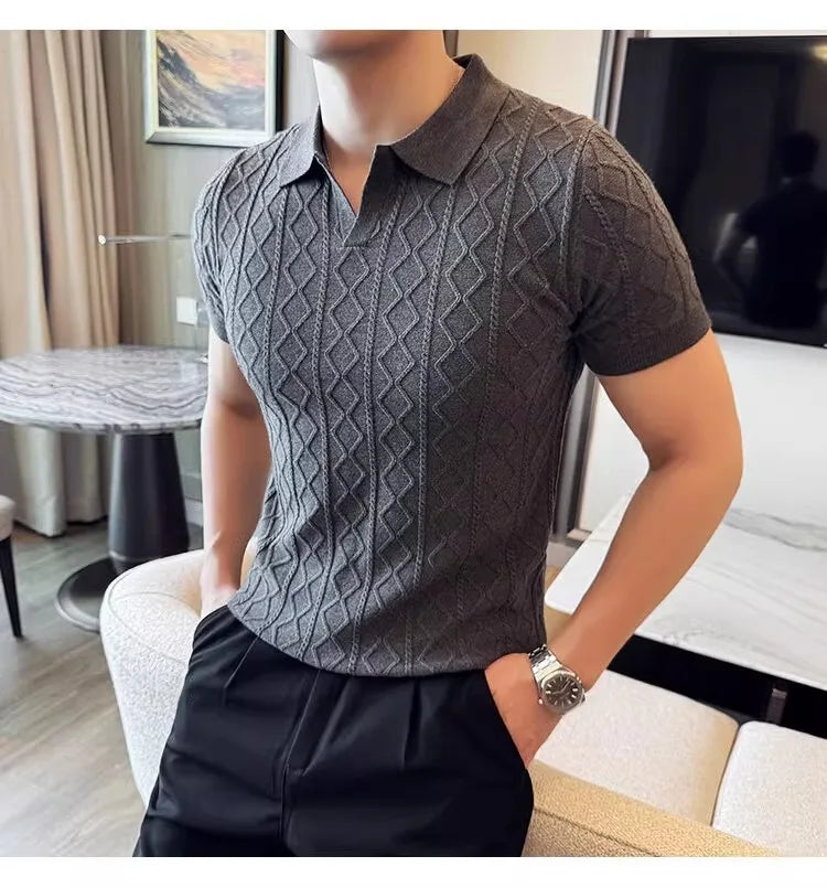 Summer Knitted Solid Color V-Neck Quick Drying Breathable Cool Business Slim Fit Casual Men's Golf Polo Shirt T-Shirt Top