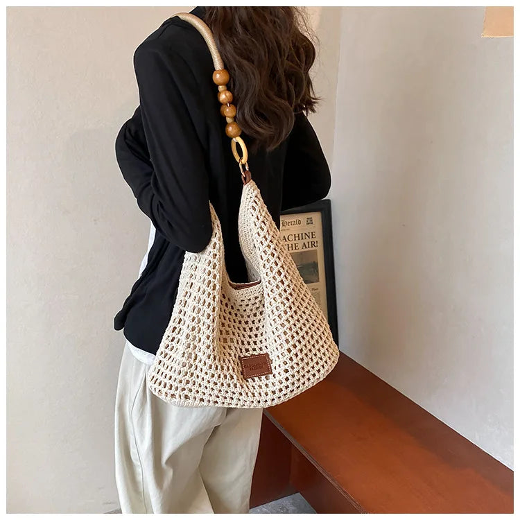 FLYING STARS Brand Fashion Women's Shoulder Bag Large Capacity Beach Vacation Bag Knitted Bag for Women Hollow Knitted Handbag