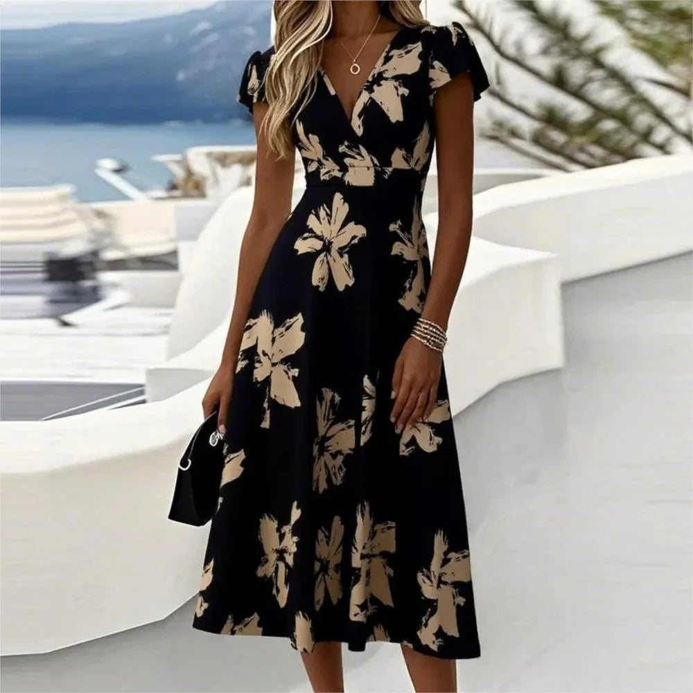 2025 Summer Fashion Women Print Dress Short Sleeve V Neck Slim Waist A-line Dress High Sweet Elegant Commuter Women Clothing