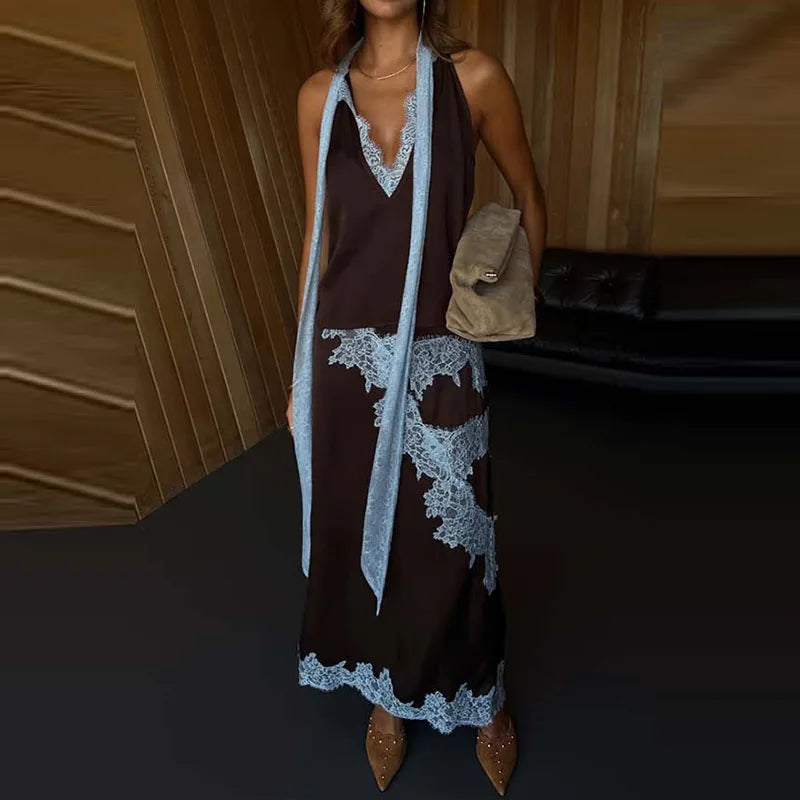 Fashion Sleeveless Hollow Party Outfit Lace Patchwork Satin Slim 2 Piece Set Lady Temperament Halter Neck Top + Long Skirt Suit