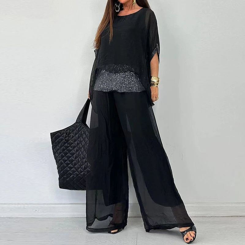 Spring Splicing Sequin Chiffon Set Women Casual Round Neck Top Pullover & Wide Leg Pants Suit Summer Batwing Sleeve Loose Outfit