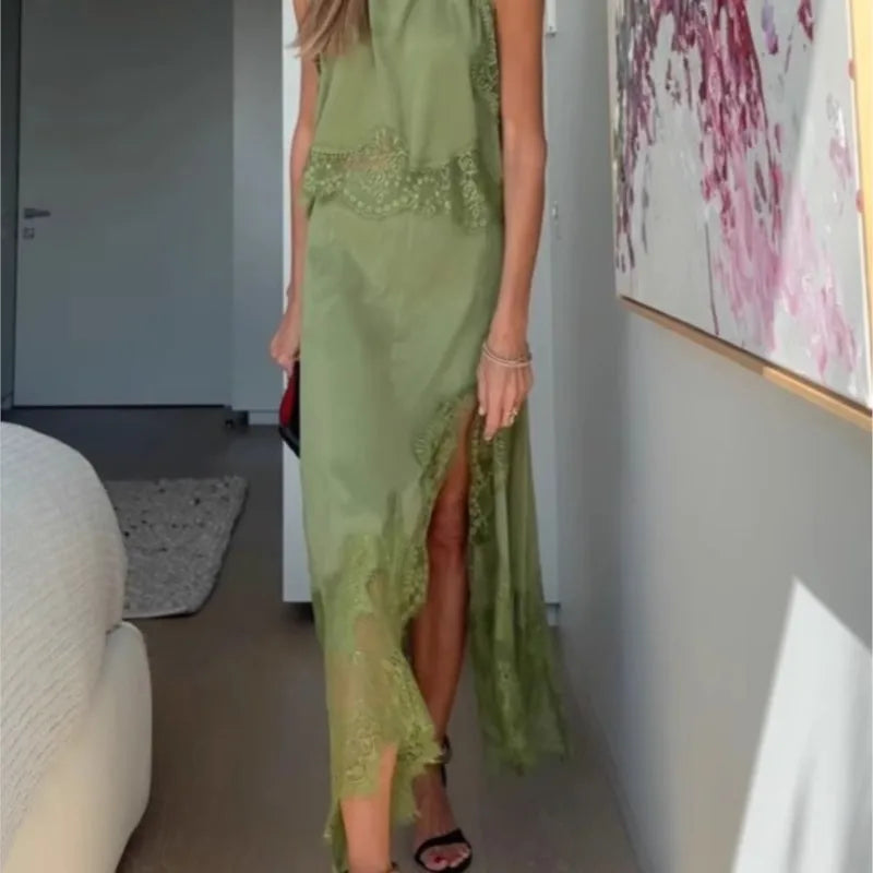 Fashion O-neck Sleeveless Top & Long Skirt Suit Women Sexy Lace Patchwork Solid Party Outfits Elegant Hollow Out Loose 2Pc Sets