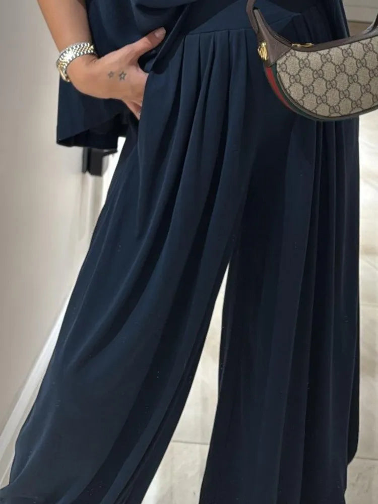 Casual T Shirt Short Sleeved Women's Top 2 Piece Set Summer Elegant Fashion Loose High Waist Wide-leg Trousers Female Pants Sets