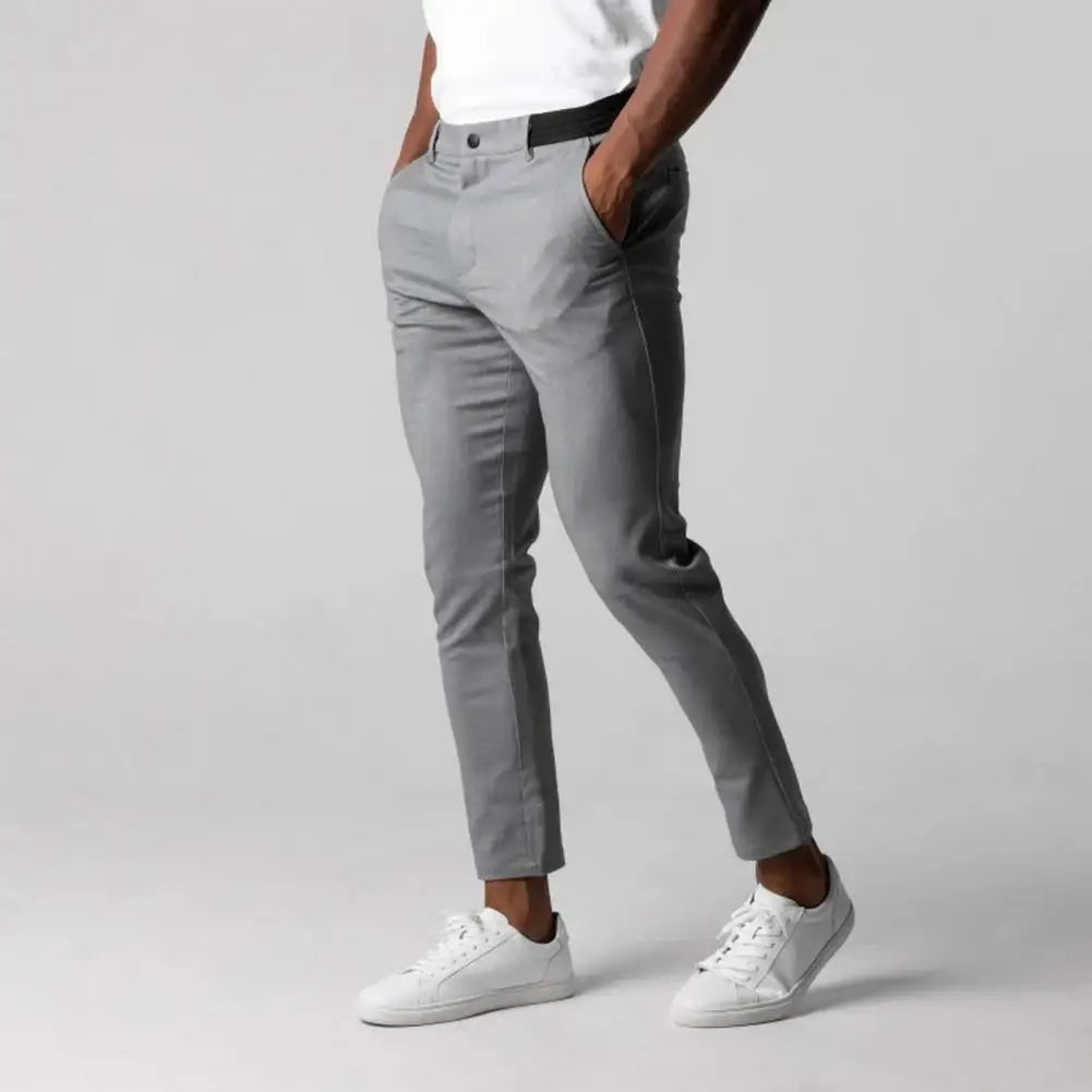 Solid Color Pants Elegant Slim Fit Men's Business Trousers with Elastic Waist Button Closure Pockets Solid Color for Comfort