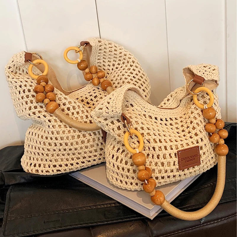 FLYING STARS Brand Fashion Women's Shoulder Bag Large Capacity Beach Vacation Bag Knitted Bag for Women Hollow Knitted Handbag