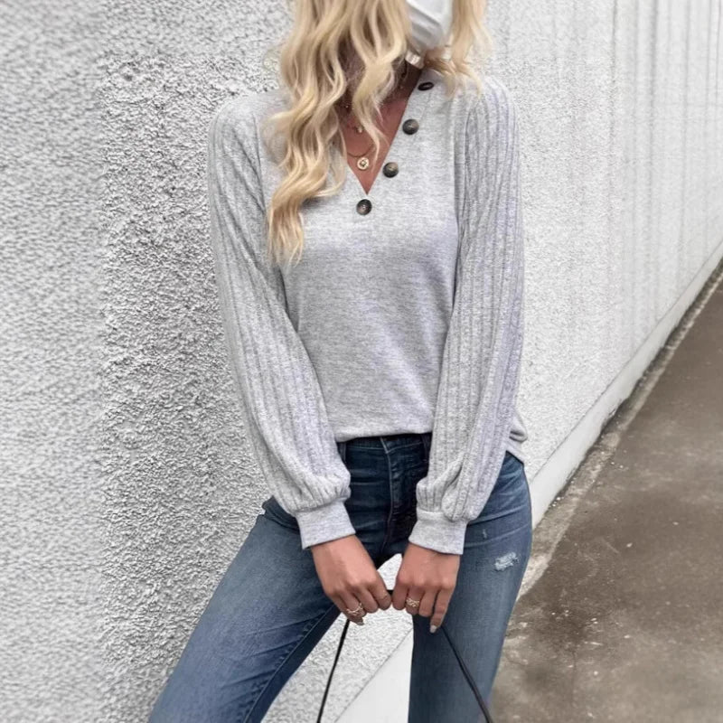 2025Popular2025New European and American Style Autumn New Button Decoration PatchworkVCollarTWomen's Pullover T-Shirt