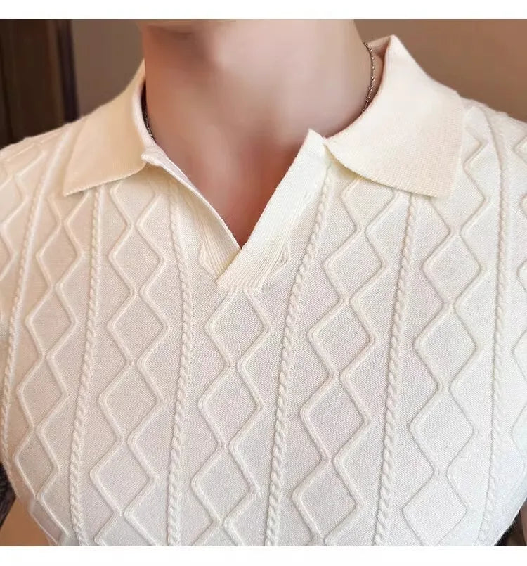 Summer Knitted Solid Color V-Neck Quick Drying Breathable Cool Business Slim Fit Casual Men's Golf Polo Shirt T-Shirt Top