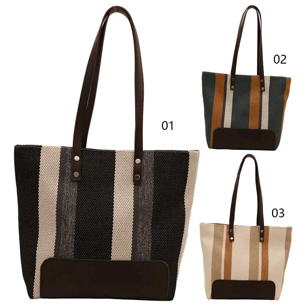Women Canvas Tote Bag Striped Shoulder Bag Trendy Large Capacity Satchel Bag for Work Travel Shopping