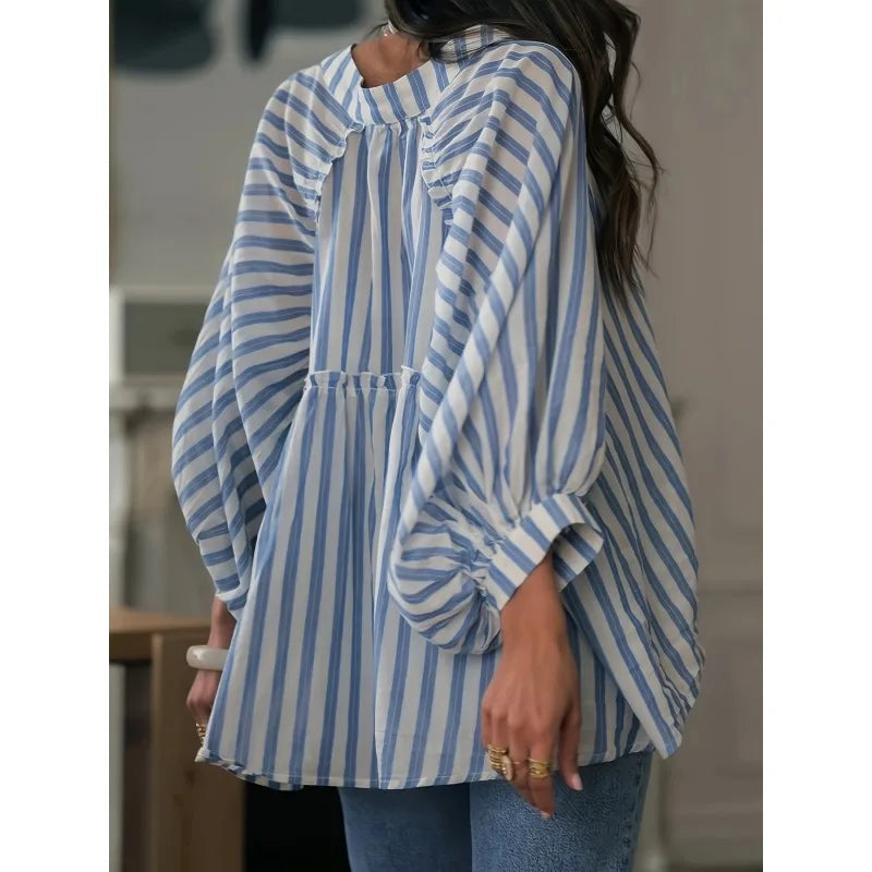 Plus Size 1XL-5XL New Women's Casual Striped Shirt Fashion Long Sleeve O Neck Button Loose Shirts Top