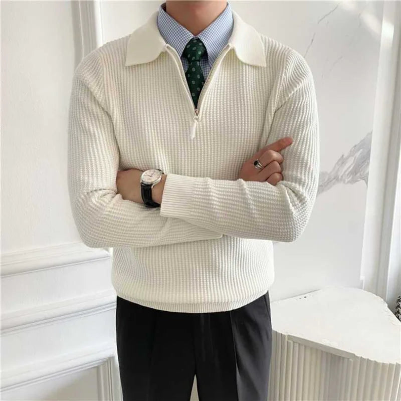 England Solid Color Polo Shirts Spring Autumn Waffle Long Sleeve Men's Clothing Polo-Neck Fashion Zipper Casual Knitted T-shirts