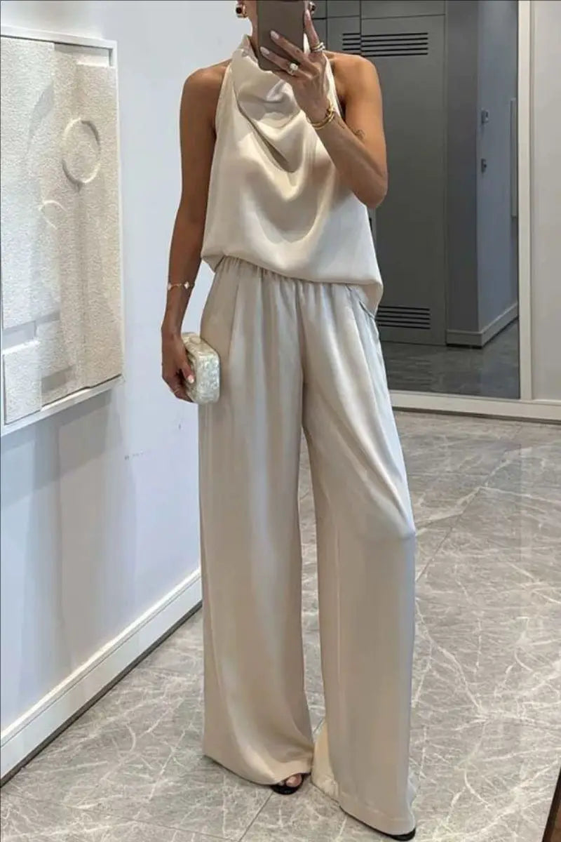 Summer Women Casual Satin Solid Color Commuting Suit Simple Loose Outfit Fashion O-neck Sleeveless Top and Long Pants 2pcs Set