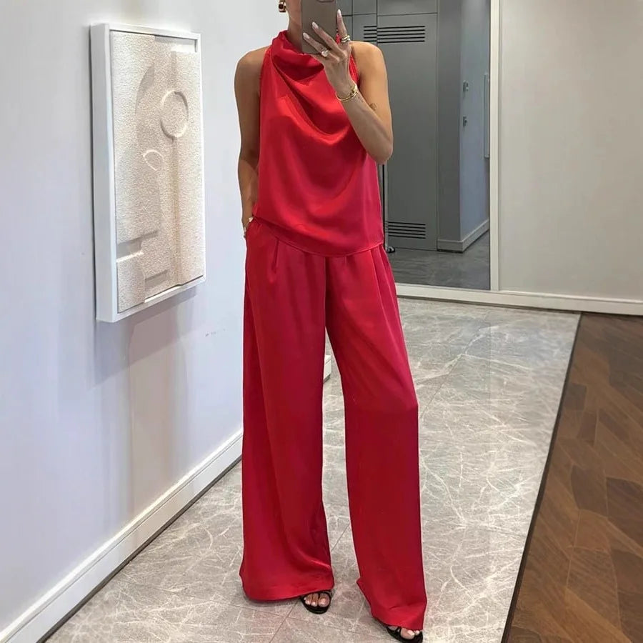 Summer Women Casual Satin Solid Color Commuting Suit Simple Loose Outfit Fashion O-neck Sleeveless Top and Long Pants 2pcs Set