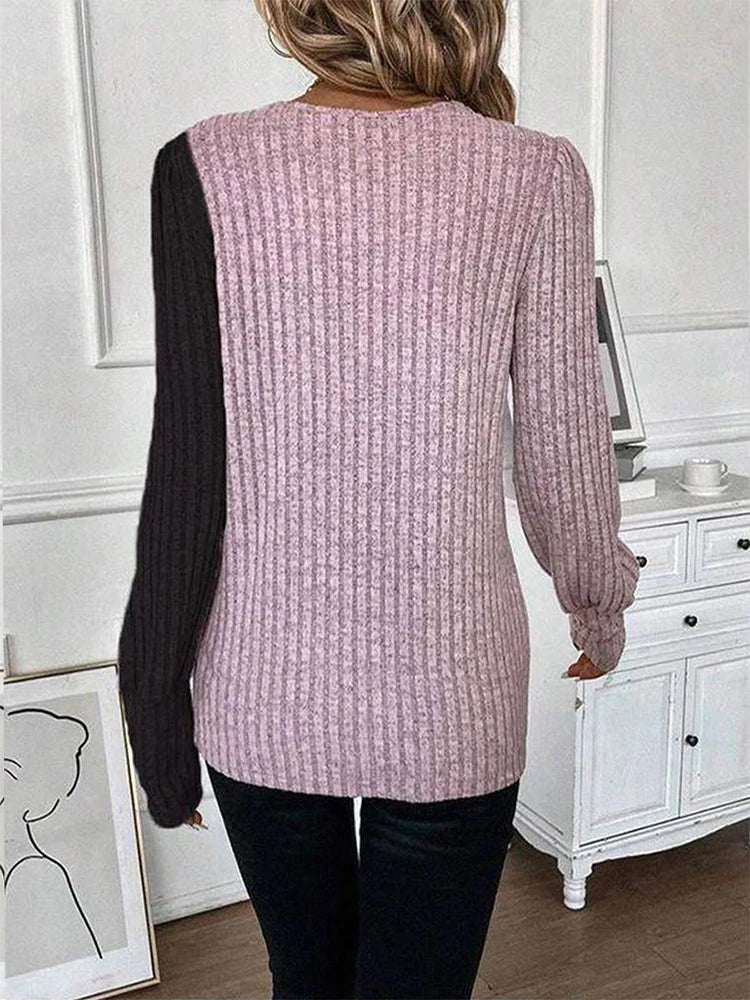 Autumn Long Sleeve Buttons Pit Striped Women Sweaters Contrast Color Long Sleeve O-Neck Pullovers Loose Simple Knitted Clothing