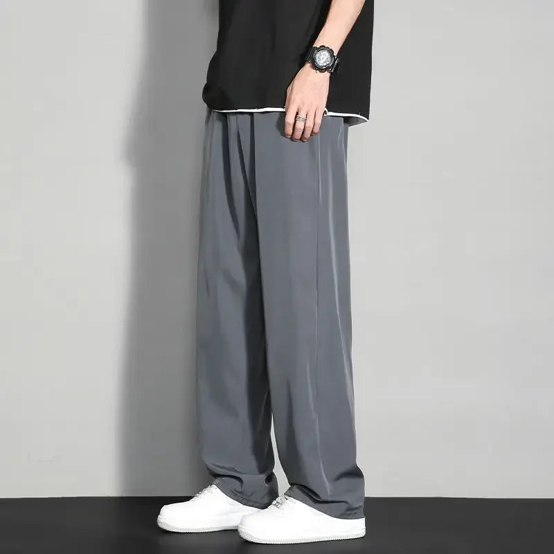 Men's Ice Silk Wide Leg Pants Thin Man Black Comfortable Quick Drying Pants Summer Loose Casual Streetwear Loose Trouser