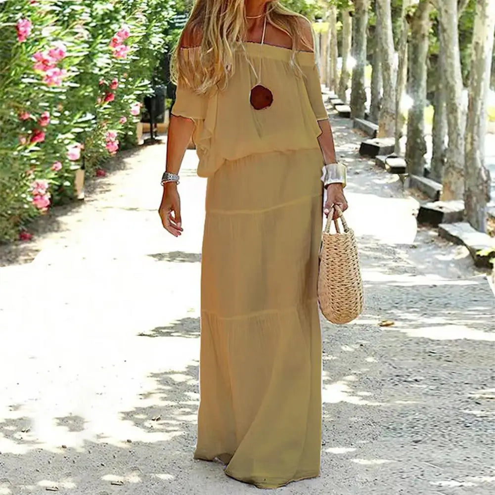 Casual Dress Off Shoulder Short Sleeve Elastic Waist Women Dress Solid Color Loose Cut Slim Party Dress