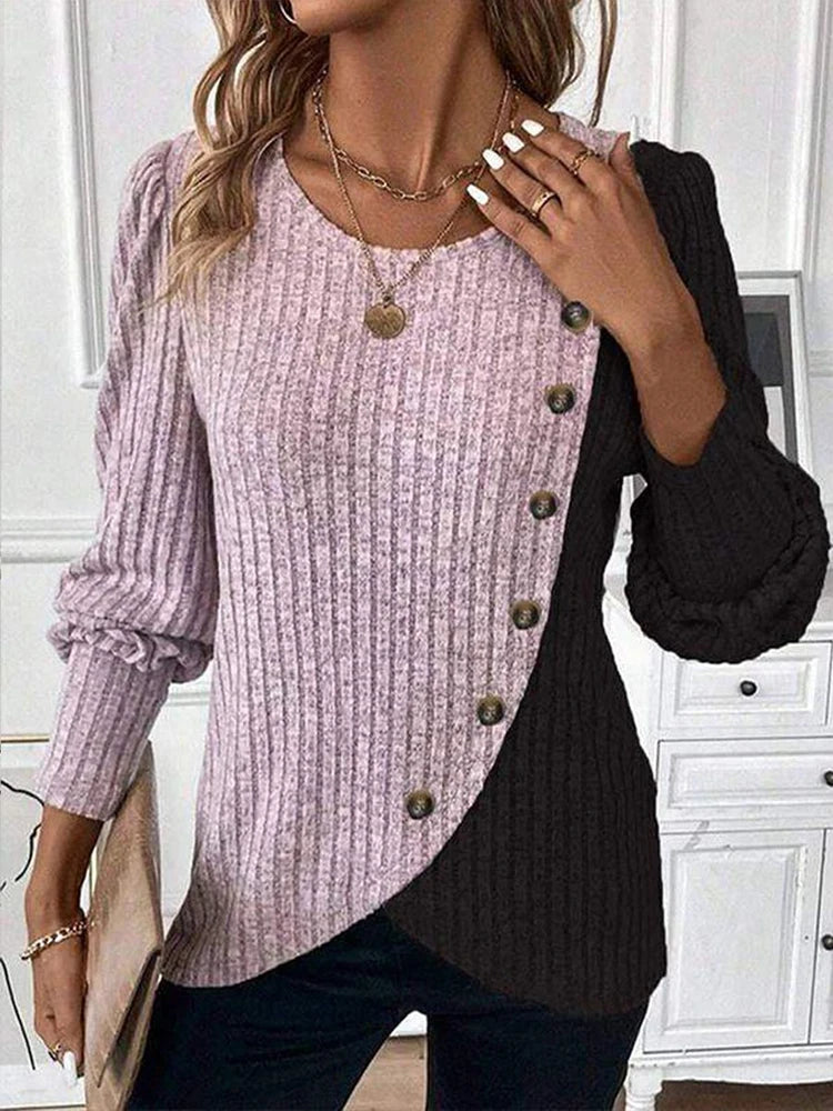 Autumn Long Sleeve Buttons Pit Striped Women Sweaters Contrast Color Long Sleeve O-Neck Pullovers Loose Simple Knitted Clothing