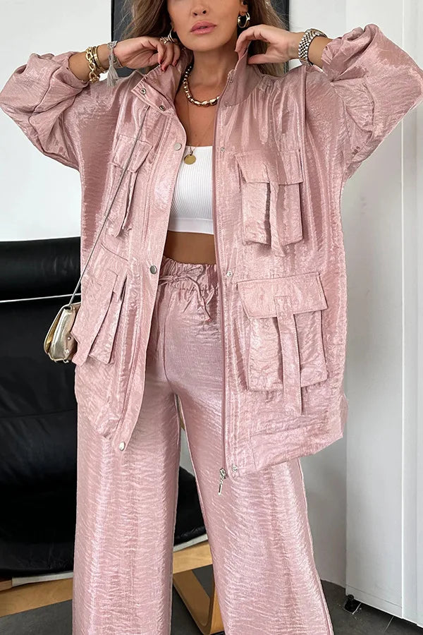 Metallic Women 2 Piece Set Solid Cargo Loose Coats Wide Leg Pants Matching Two Piece Suit Spring Autumn Fashion Street Outfits