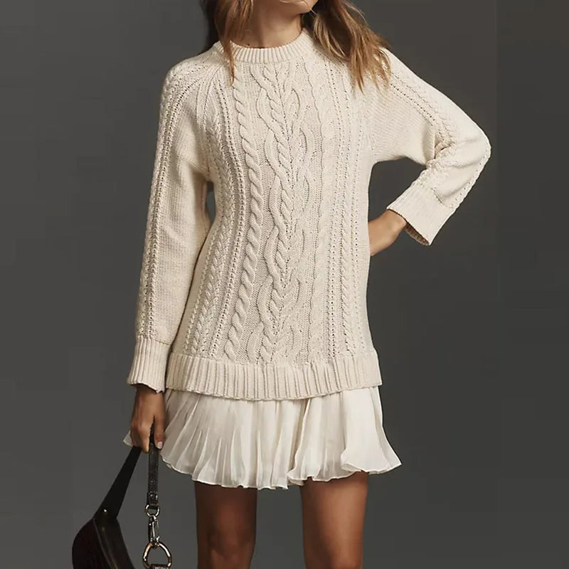 Fall Winter Twist Knitted Sweater Dresses Women Fashion O Neck Spliced Chiffon Pleated Dress Retro Long Sleeve A-Line Mini Dress
