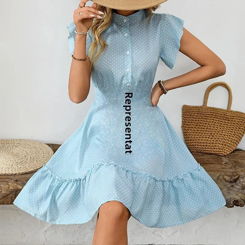 Elegant Summer Women's Dress with Pleated Sleeve A- Line Skirt Belted Midi Dress Chinese Style Fashionable Casual Dress