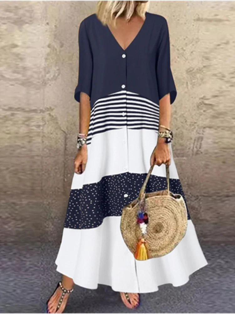 Color Blocked Printed Short Sleeved V-neck Button Up Women's Dress Street Versatile Artistic Retro Style Summer Dress